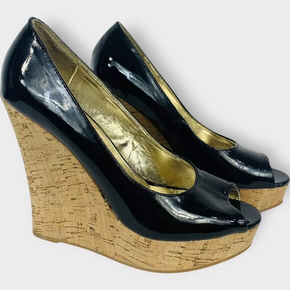 Steve Madden P Medow Patent Cork Wedge Heels Black Peep Toe Size 8 - Picture 10 of 10